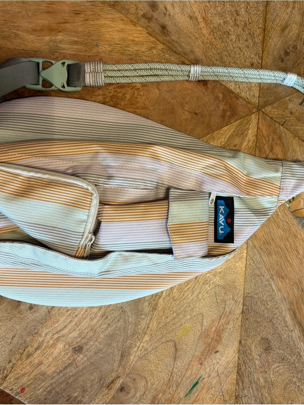 Kavu Pastel Stripe Rope Sling Bag - Light Blue & Tan